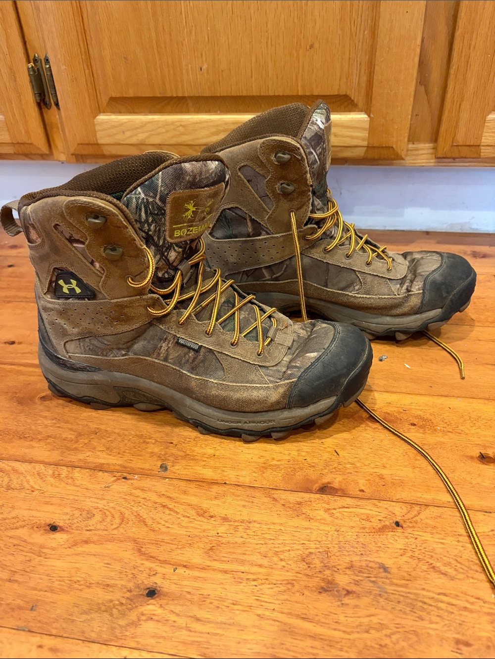 Under Armour Bozeman Brown Camo Hunting Boots with Yellow Laces